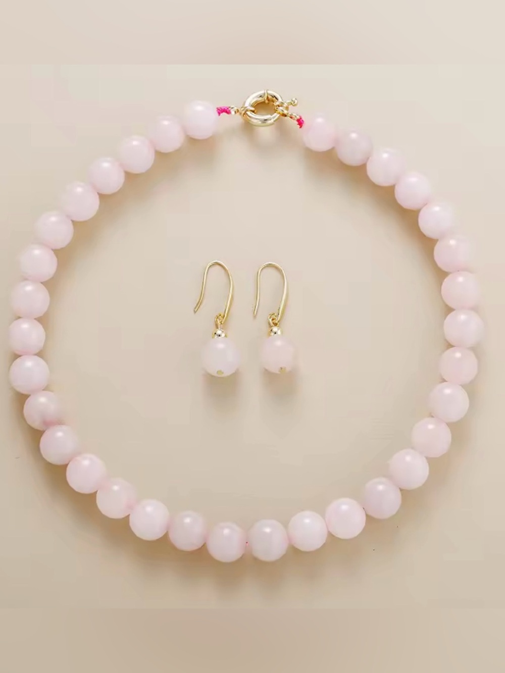 Pink Quartz Bead Necklace and Earring Set - Elegant Pastel Jewelry NEW